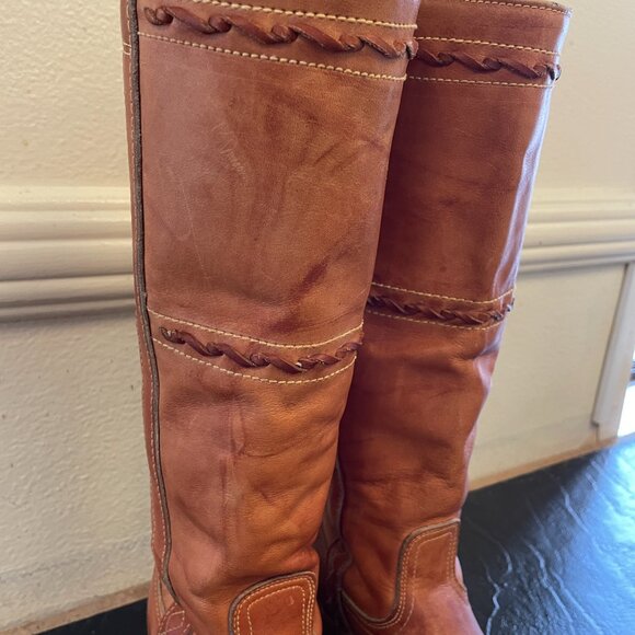 Vintage 70s Leather Square Toe Campus Boots Brown Tan Braided | Size 5.5 - Picture 4 of 15